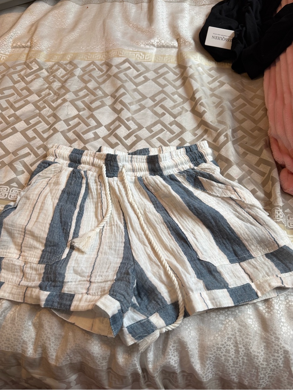 Striped Elastic-Waist Women’s Shorts - White & Blue